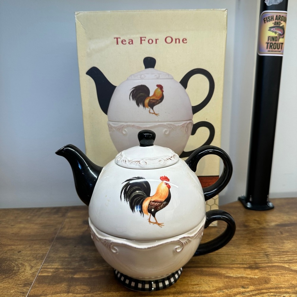Cracker Barrel Rooster Tea For One Set Ceramic Teapot Set Black White